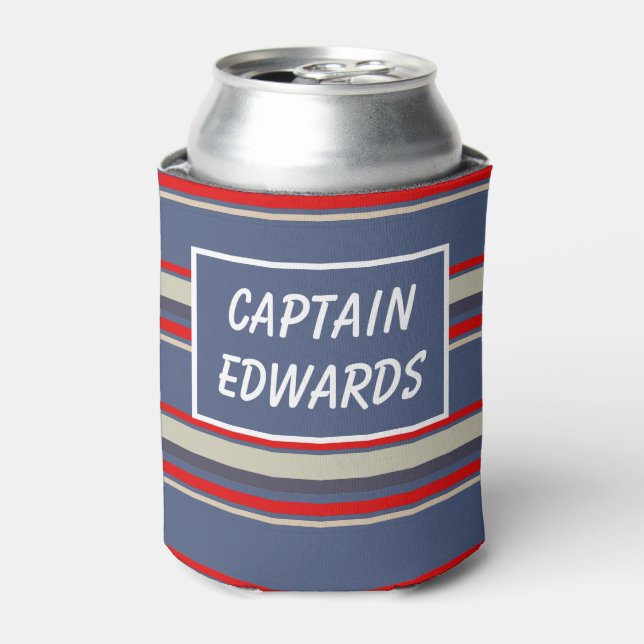 Ship's Captain Nautical Blue Striped Custom Can Cooler (Can Front)