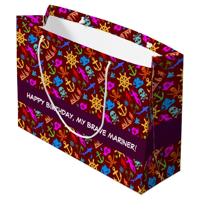 Ships, Fishes, Pirates. Colourful Nautical Pattern Large Gift Bag (Back Angled)