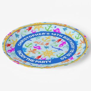 Ships, Fishes, Pirates. Colourful Nautical Pattern Paper Plate