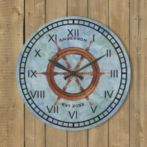Ship's Helm Nautical Wall Clock Blue