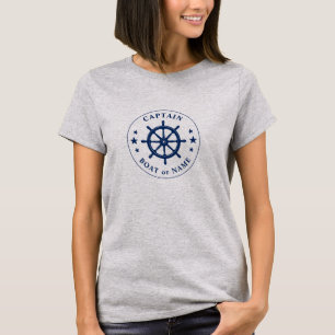 Ships Helm Wheel Stars Captain or Boat Name Grey T-Shirt