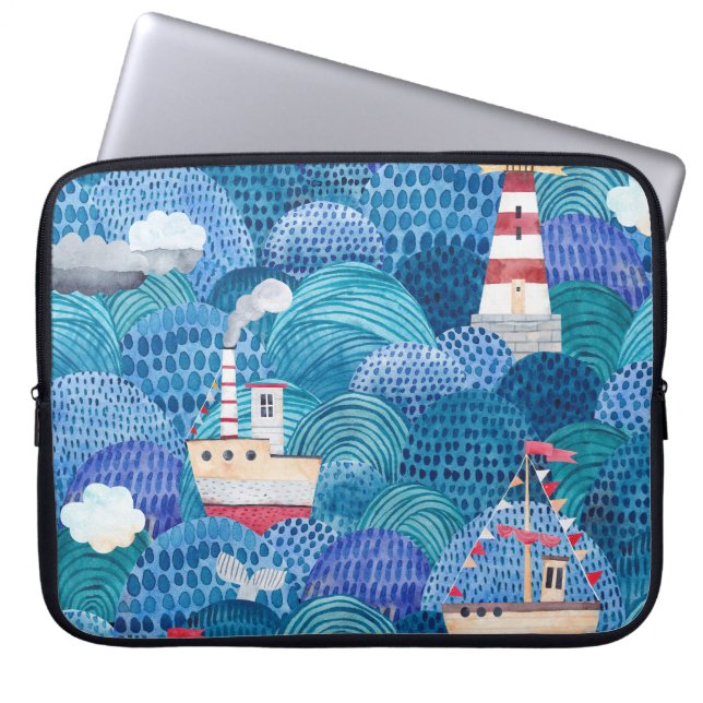 Ships & Lighthouse: Childish Watercolor Laptop Sleeve (Front)