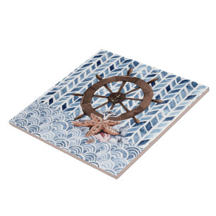 Ship's steering wheel, starfish, nautical pattern ceramic tile