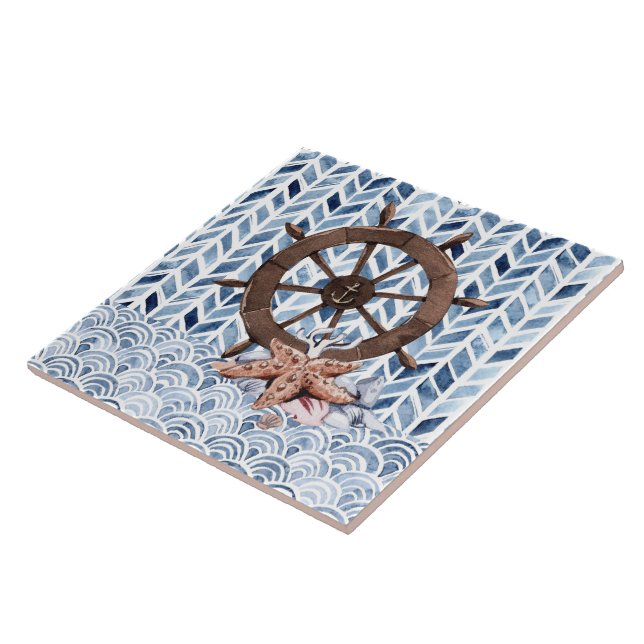 Ship's steering wheel, starfish, nautical pattern ceramic tile (Side)