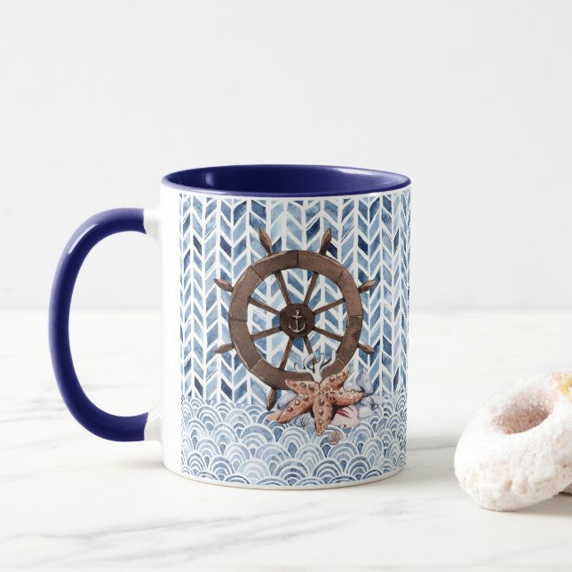 Ship's steering wheel, starfish, nautical pattern mug (With Donut)