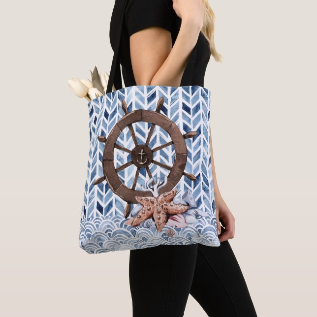 Ship's steering wheel, starfish, nautical pattern tote bag (Close Up)