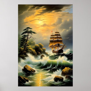Ship's Struggle Through Wavy Seas Poster
