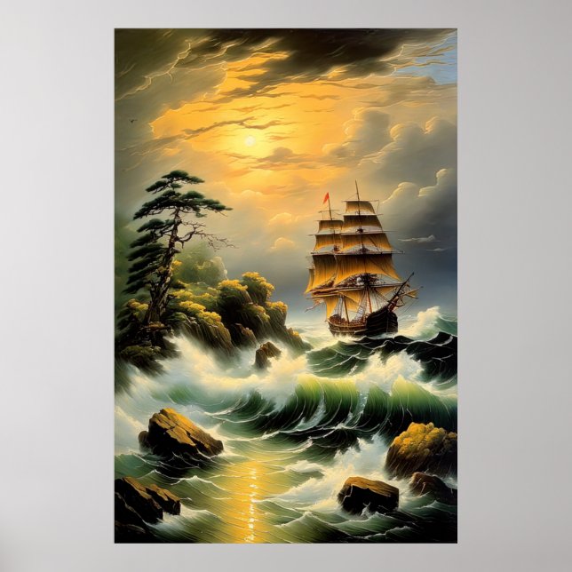 Ship's Struggle Through Wavy Seas Poster (Front)