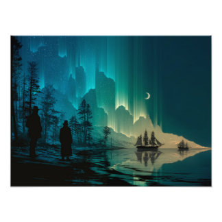 Ships under the crescent moon and Northern Lights Photo Print