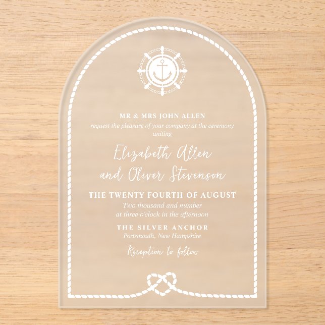 Ship's Wheel & Anchor Heart Knot Nautical Wedding Acrylic Invitations (Front)