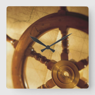 Ship'S Wheel And Map Square Wall Clock