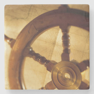 Ship'S Wheel And Map Stone Coaster