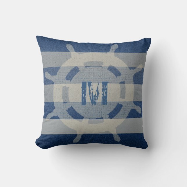 Ship's Wheel Faded Nautical Pillow (Front)
