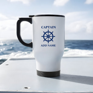 Ships Wheel Helm, With Captain or Boat Name Travel Mug