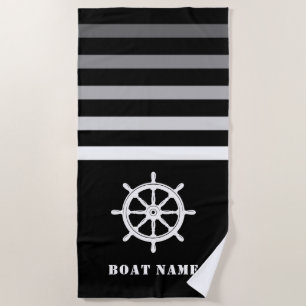 Ships Wheel Helm Your Boat Name Navy Black Beach Towel