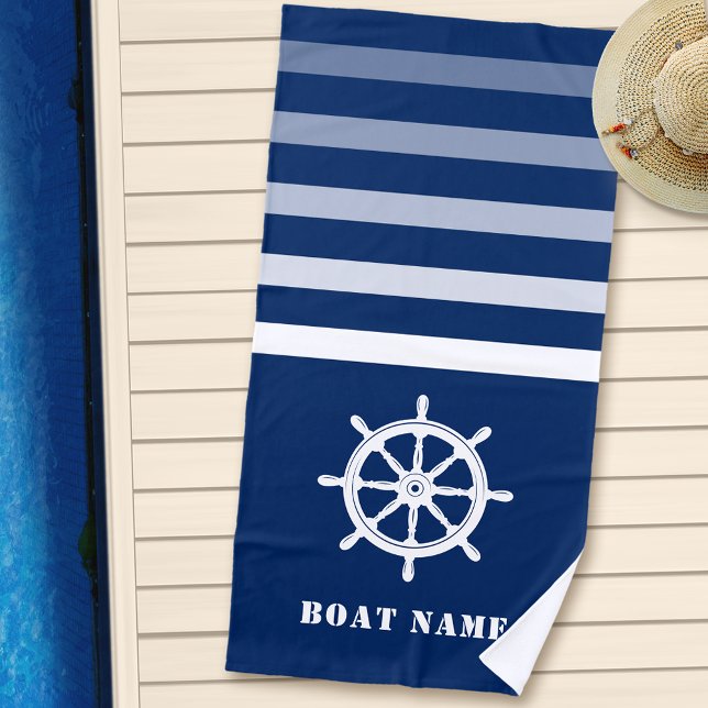 Ships Wheel Helm Your Boat Name Navy Blue Beach Towel (Creator Uploaded)