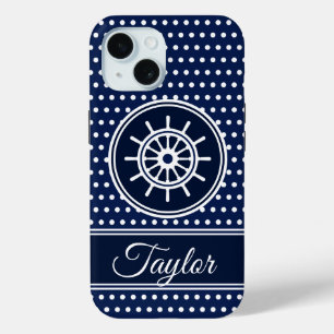 Ship's Wheel Symbol Maritime Style, Custom Name iPhone 15 Case