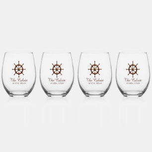 Ships Wheel with Boat Name Stemless Wine Glass
