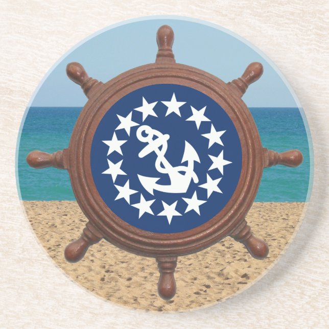 Ship's Wheel Yacht Flag Sand Ocean Sky Coaster (Front)