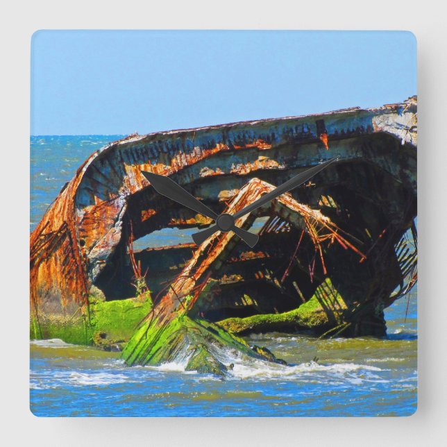 Shipwreck Abstract Blue Square Wall Clock (Front)