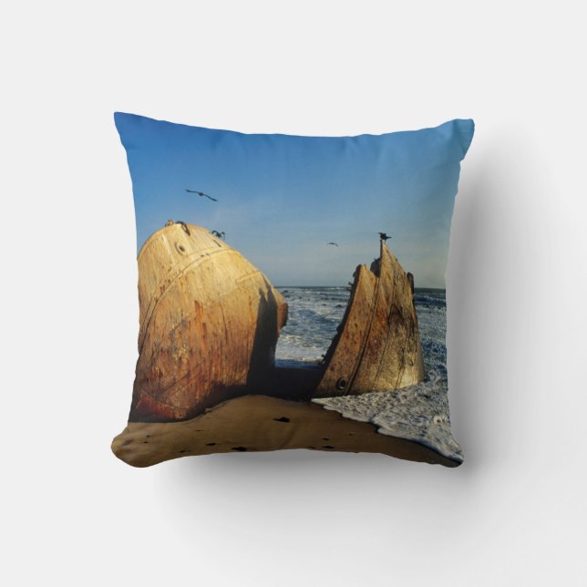 Shipwreck On Beach, Skeleton Coast, Namibia Cushion (Front)