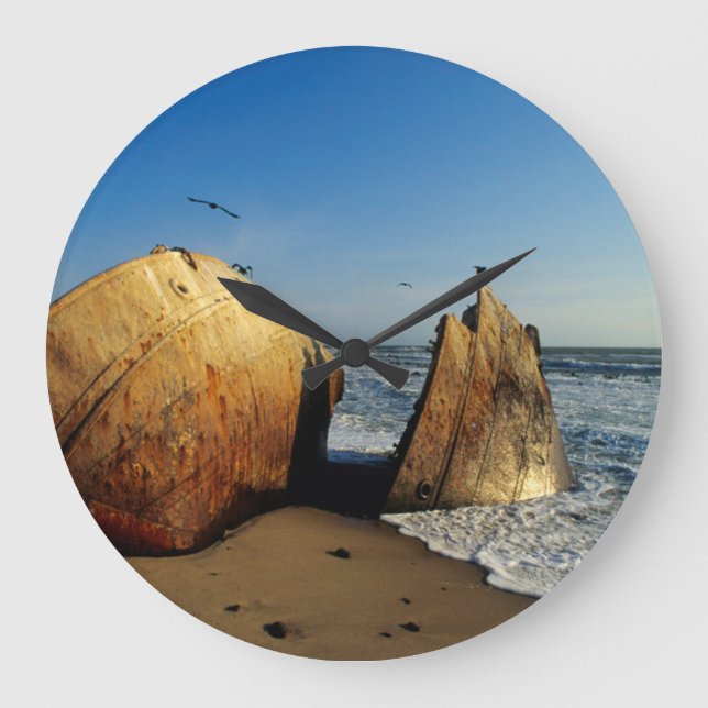 Shipwreck On Beach, Skeleton Coast, Namibia Large Clock (Front)