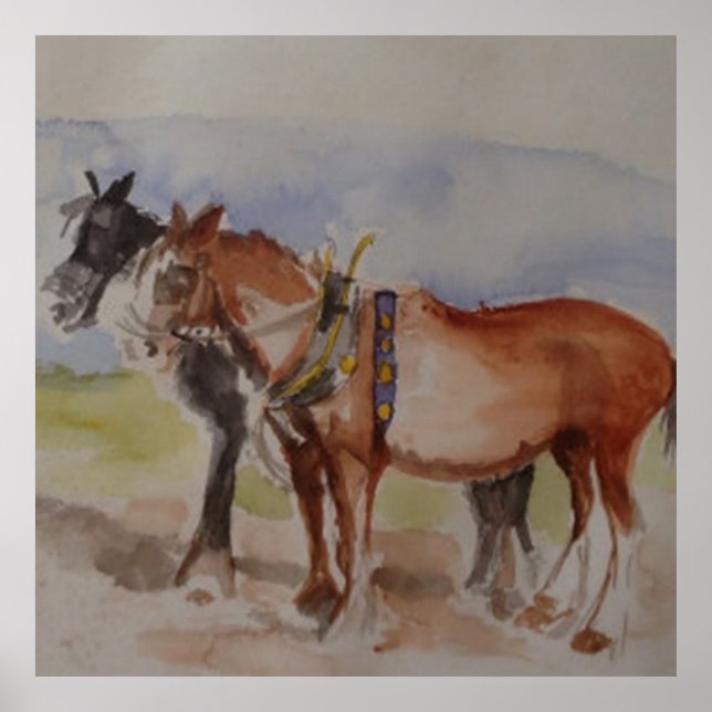 Shire Horses at Ploughing Match Watercolour sketch Poster (Front)