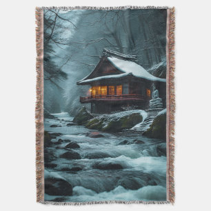 Shizuka na Fuyu: Silent Temple by the Winter River Throw Blanket