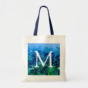 Shoal of Blue Discus Fish Monogram Tote Bag