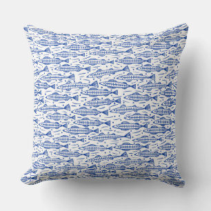 Shoal of Fish Pattern - Navy Blue on White Cushion