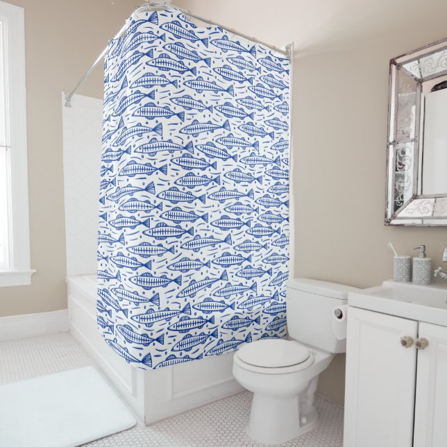 Shoal of Fish Pattern - Navy Blue on White Shower Curtain (In Situ)