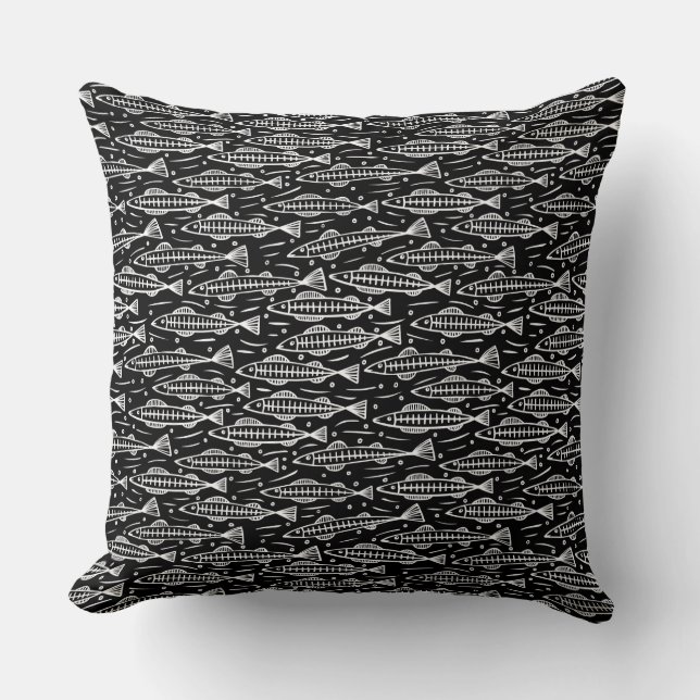 Shoal of Fish Pattern - White on Black Cushion (Front)
