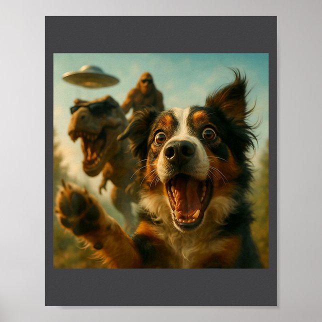 Shocked Australian Shepherd Dog T-rex Bigfoot Ufo  Poster (Front)