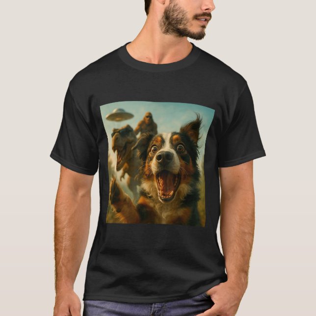 Shocked Australian Shepherd Dog T-rex Bigfoot Ufo  T-Shirt (Front)