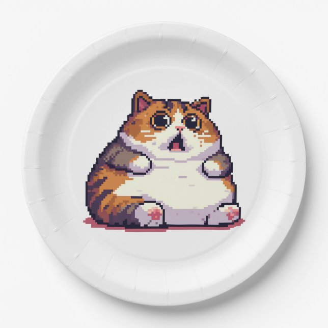 Shocked orange fat cat meme pixel art paper plate (Front)