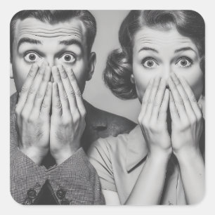 Shocked Retro Couple Portrait Square Sticker