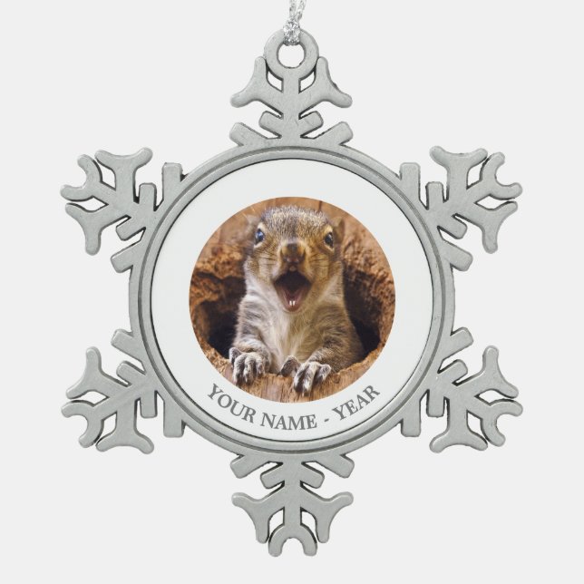 Shocked Squirrel Snowflake Pewter Christmas Ornament (Front)