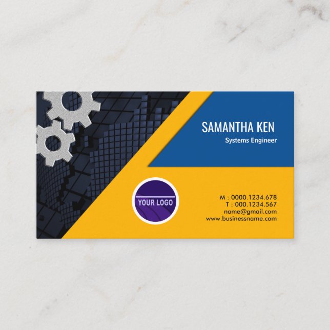 Shocking Dazzling Yellow Gears Engineer Business Card (Front)