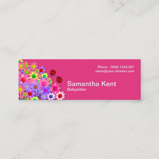 Shocking Pink Cute Ladybug Colourful Flowers Mini Business Card (Front)