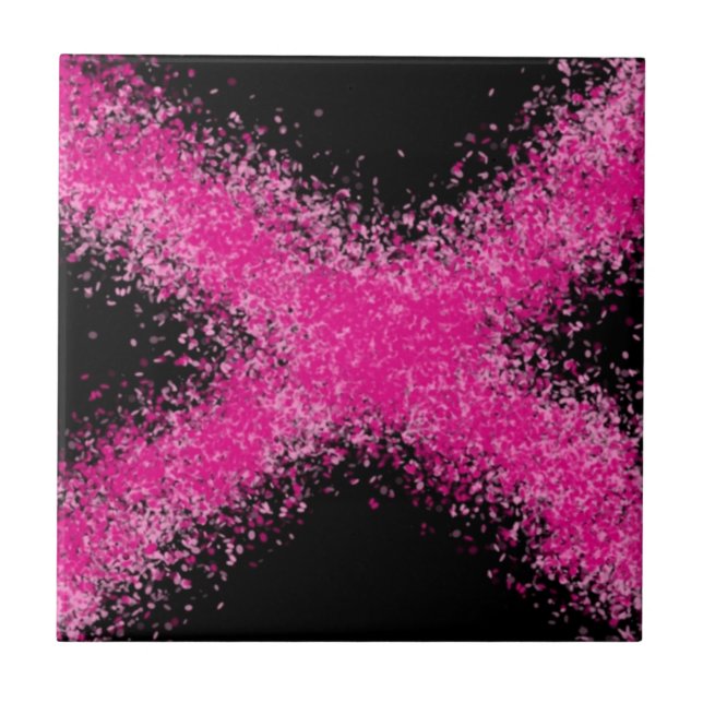 Shocking pink glitter confetti cross on black tile (Front)