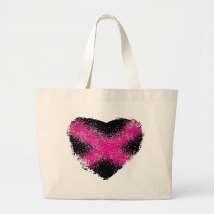 Shocking pink on black glitter dots heart cross large tote bag