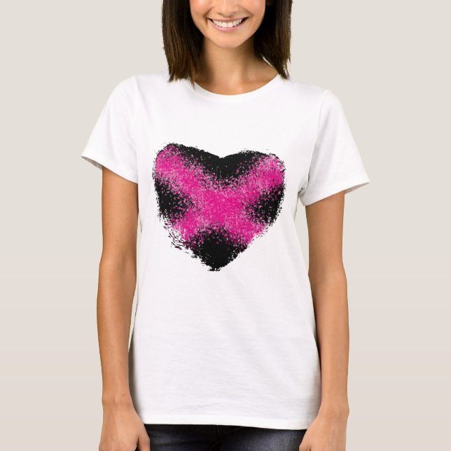 Shocking pink on black glitter dots heart cross T-Shirt (Front)