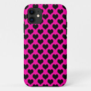 Shocking Pink with Black Hearts Pattern iPhone 11 Case