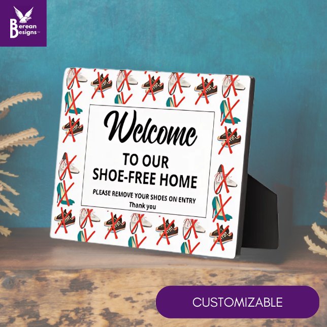 SHOE-FREE HOME Welcome Plaque (Tactful WELCOME to SHOE-FREE HOME plaque with CUSTOMIZABLE TEXT to add family name and other text.)