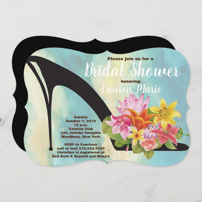 Shoe heel Floral Teal Watercolor Bridal Shower Invitation (Front/Back)