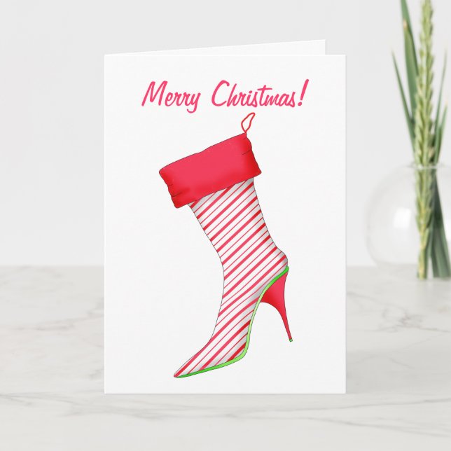 Shoe Lover High Heel Boot Stocking Merry Christmas Holiday Card (Front)