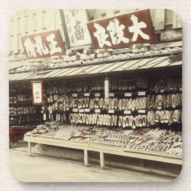 Shoe shop in Kyoto, c.1890 (hand-coloured photo) Coaster (Front)