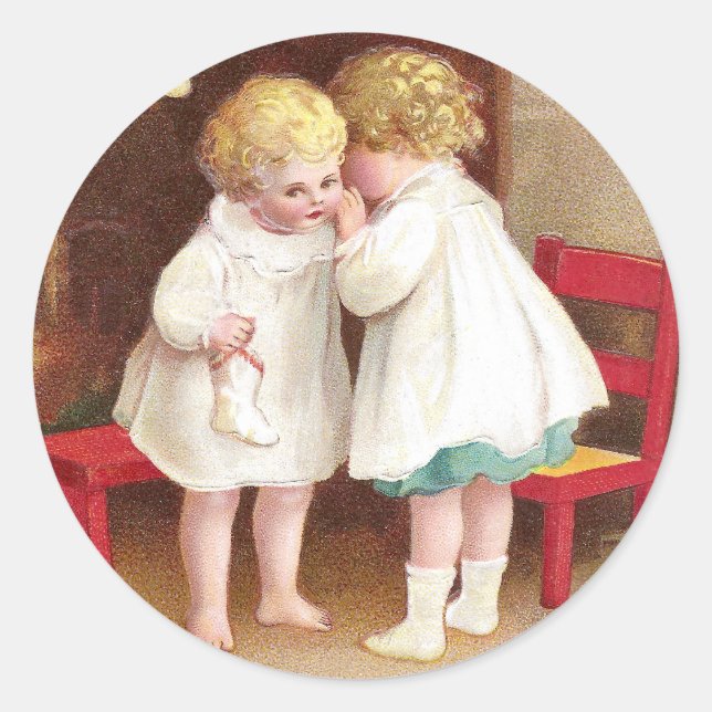 Shoeless Girls Whispering Vintage Christmas Classic Round Sticker (Front)