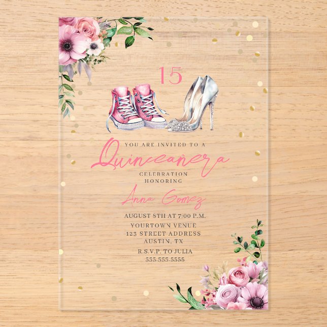 Shoes Quinceañera Pink Sneakers Heels 15 Floral Acrylic Invitations (Front)