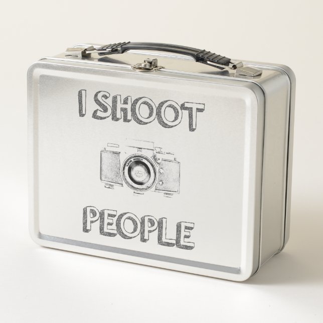 shoot people funny text photo camera photographer metal lunch box (Front)